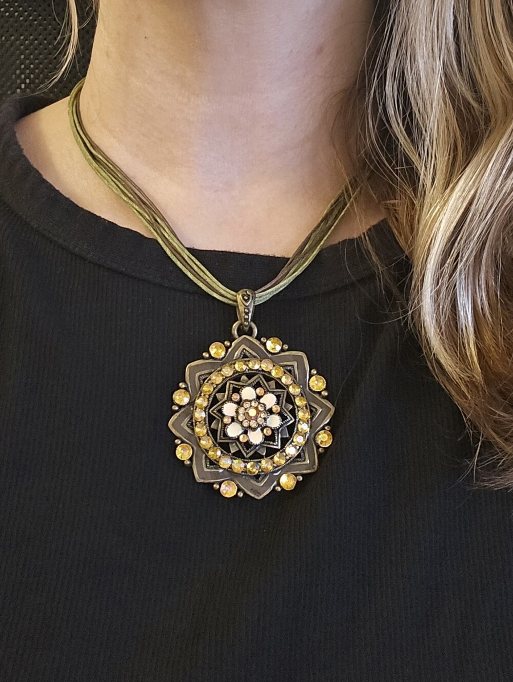 Whimsigoth Boho Y2k Medallion Necklace Fairycore Crystal 19" Moss Green Cord